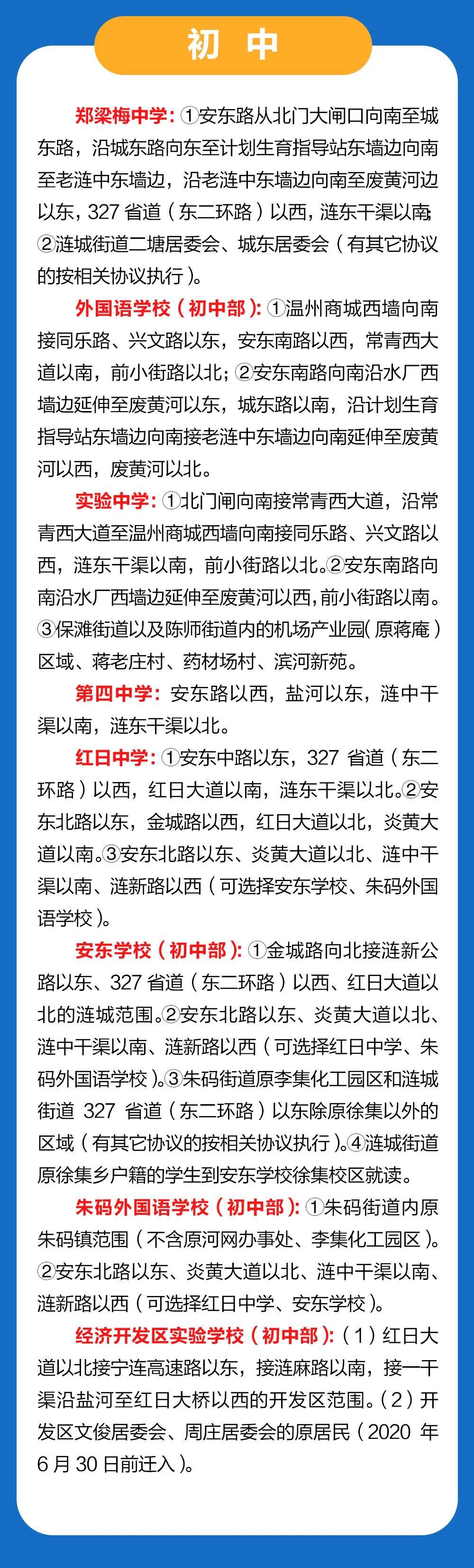 2020年涟水义务教育阶段学校招生办法及最新施教区范围